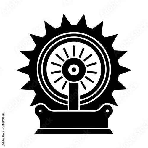 Illustration of a black spiked wheel on a stand with inner spokes and a solid black background design