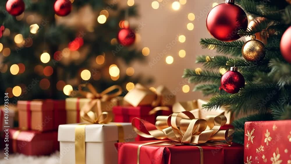 Gift boxes with a large red bow against a background bokeh of twinkling party lights. Luxury New Year gift. Christmas gift. Christmas background with gift box. Christmastime celebration