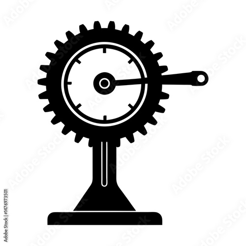 Illustration of a black gear mechanism with a clock face and a lever on a stand design element