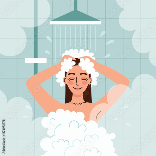 A woman in the shower. Morning routine and hygiene. Flat cartoon vector illustration.