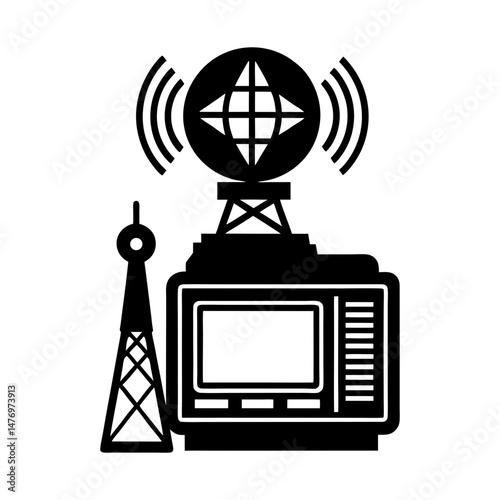 Illustration of a television set with an antenna and a globe broadcasting signal icon design