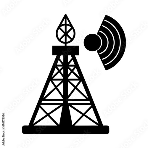 Illustration of a black communication tower with a signal emitting from the side in black and white