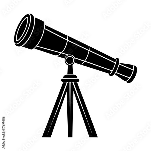 A black and white illustration of a telescope on a tripod, angled upwards, ready for astronomical viewing