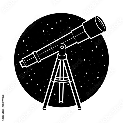 Illustration of a telescope on a tripod against a backdrop of stars in a circular composition