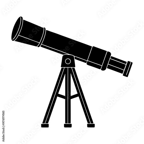 Illustration of a black telescope on a tripod stand used for astronomical observation and exploration of space