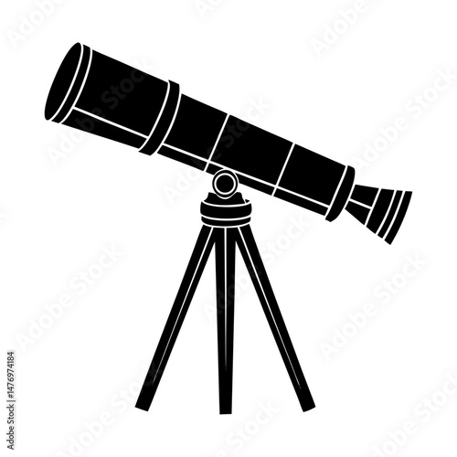 Illustration of a black telescope on a tripod stand, used for astronomical observation and stargazing