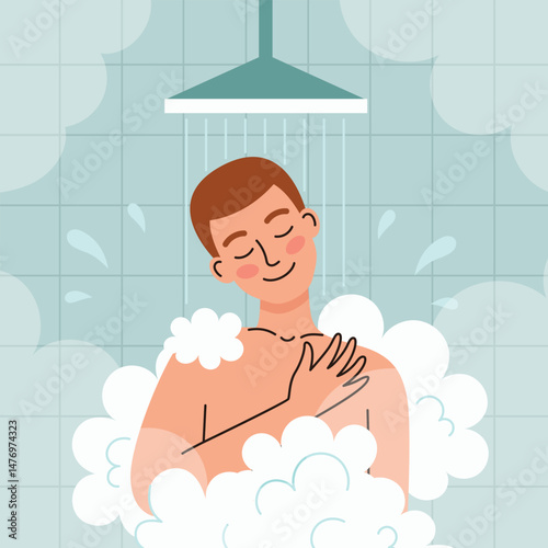 A man in the shower. Morning routine and hygiene. Flat cartoon vector illustration.