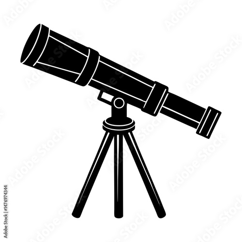 Illustration of a telescope on a tripod, presented in a simple black and white color scheme design