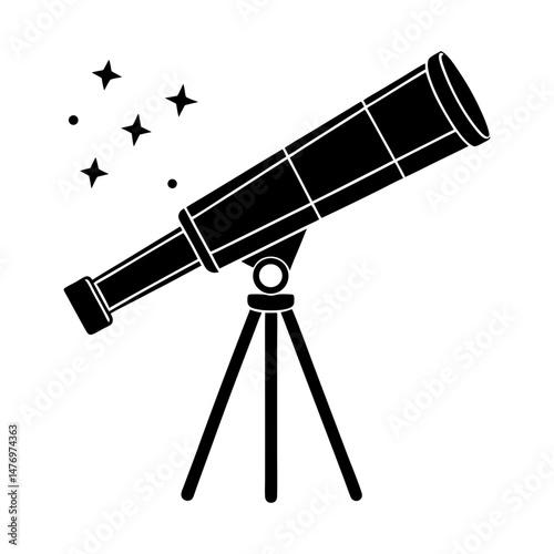 A telescope on a tripod pointed towards a cluster of stars in a black and white vector illustration