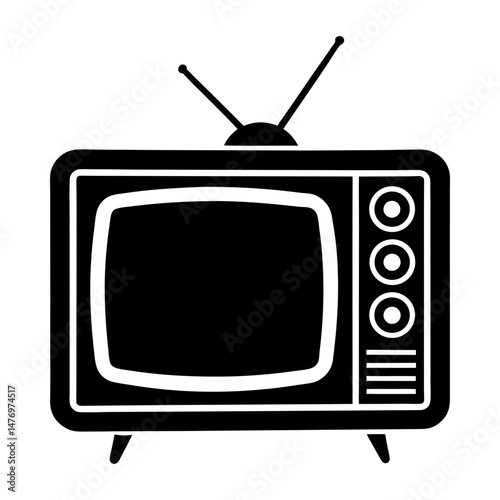 Illustration of a vintage television set with antenna and knobs in solid black color on white background