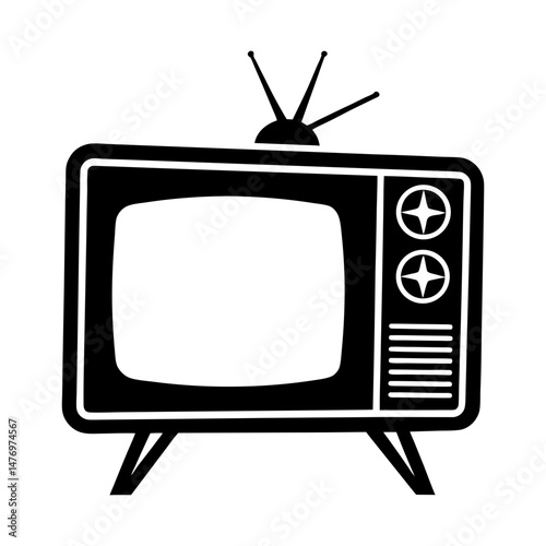 Illustration of a retro television set with antenna and star shaped control knobs in black and white