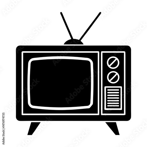 Illustration of a vintage television set with antenna and control knobs in black and white style