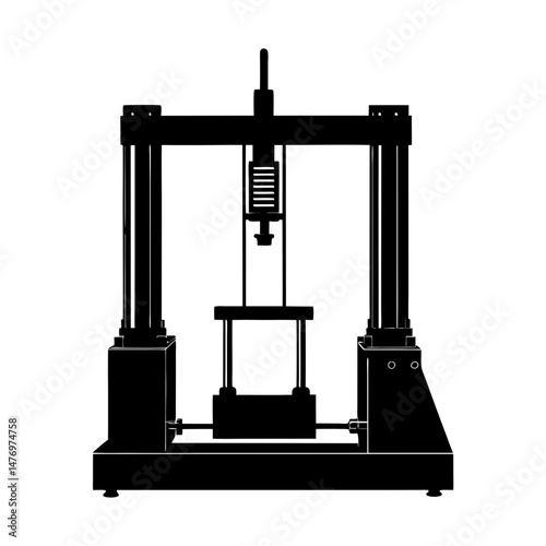 Illustration of a universal testing machine with a spring mechanism and vertical columns in black
