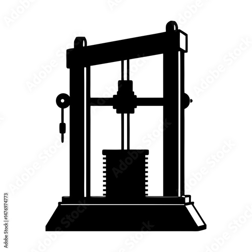 Illustration of a mechanical press with a cylindrical object and a lever on the side in black