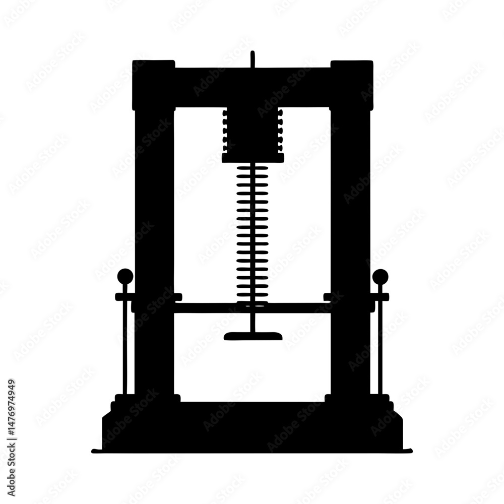 Illustration of a black tensile testing machine with a spring and a platform in a frame structure Illustration of a black tensile testing machine with a spring and a platform in a frame structure