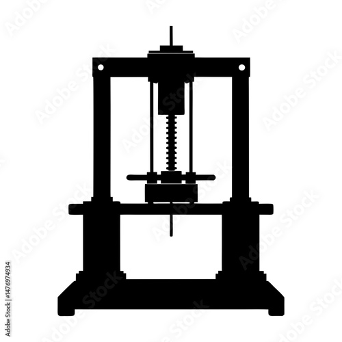 Illustration of a mechanical press with a visible screw mechanism in black silhouette on a white background