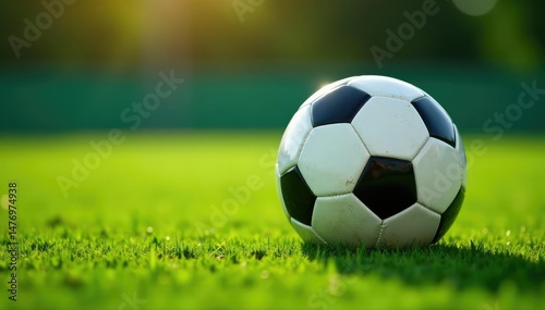 Close-up of a soccer ball on a lush green soccer field, ready for kickoff , defeat, lines