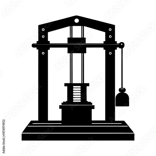 Illustration of a mechanical press with a weight and visible gears in black and white silhouette style