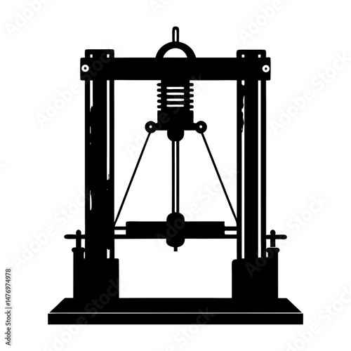 Silhouette of a tensile testing machine with a spring and a complex frame structure visible in full view