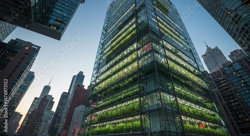Green urbanism reflected in modern skyscraper design at dusk in cityscape