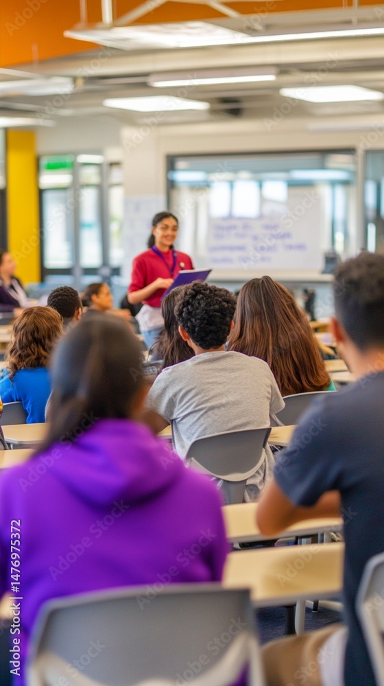 Fototapeta premium A dynamic classroom scene featuring a student presenter engaging with peers. The learning environment encourages active participation and collaboration among students from diverse backgrounds.