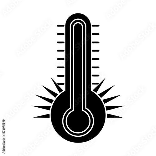 Illustration of a thermometer showing a high temperature with sun rays around it indicating heat