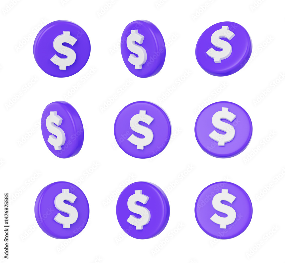 3d Purple circular buttons with a white dollar symbol in the center. 3D Illustration. 3d Purple circular buttons with a white dollar symbol in the center. 3D Illustration.