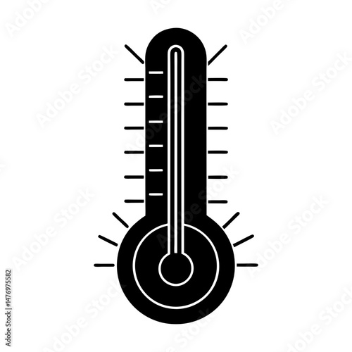 Illustration of a black thermometer with a circular base and temperature indicators on a white background