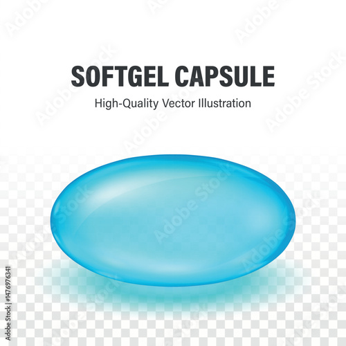 Blue Softgel Capsule, Vector 3d Illustration. Glossy Gel Pill, Dietary Supplements, Vitamins, Omega-3, Probiotics, Nutritional Health. Pharmaceutical Medicine, Gelatin Capsule Design Template