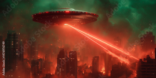 Giant UFO hovers above a burning city, unleashing twin red laser beams that pierce skyscrapers. The night sky glows ominously green, intensifying the apocalyptic and cinematic sci-fi destruction