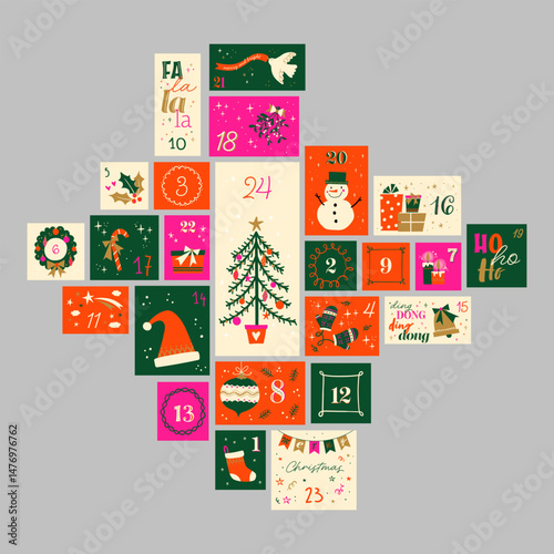 Cute hand drawn Christmas advent calendar. Lovely doodle drawings, vector design