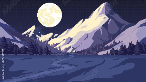 Pixel art mountain background at night. Seamless landscape backdrop of a pine forest, snow-capped peaks and a cloudy sky with moon. Nature horizontal vector illustration.