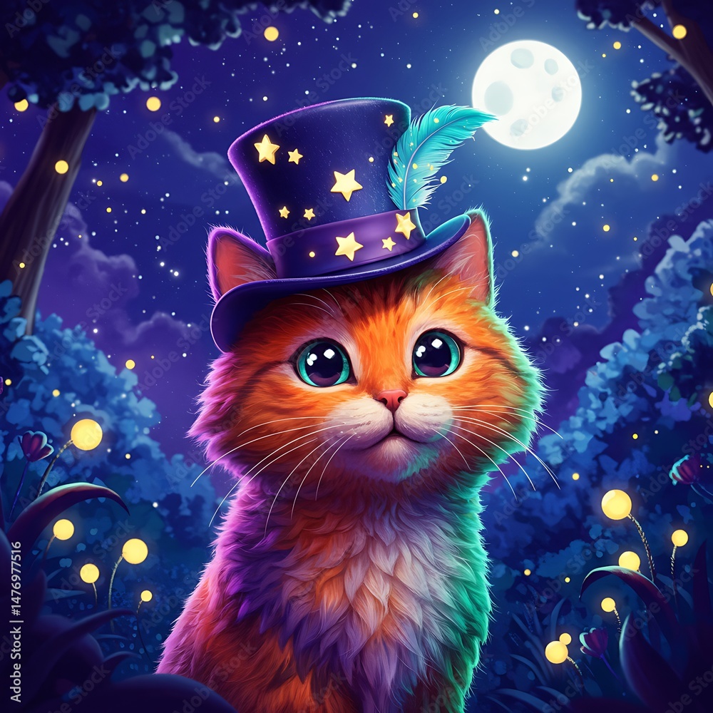Fototapeta premium Cute Orange Kitten in Magical Top Hat, Night Scene