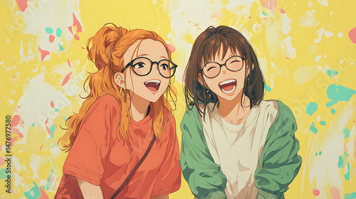 Two young women joyfully laughing together against a vibrant yellow background with colorful splashes