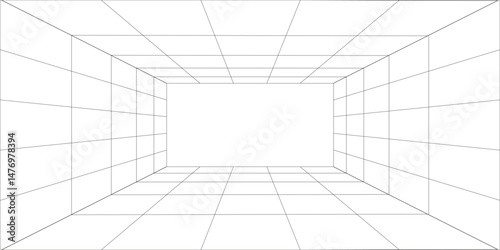 Empty futuristic digital box room white background with black grid space line color surface. Network cyber technology. banner, cover, terrain, sci-fi, wireframe, and related to background.