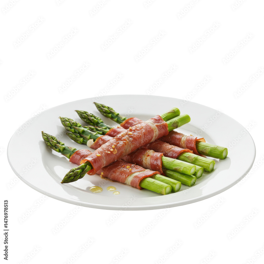 Fresh asparagus wrapped in savory bacon served on a white plate Fresh asparagus wrapped in savory bacon served on a white plate