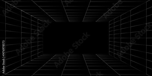 Fototapeta Naklejka Na Ścianę i Meble -  Futuristic perspective grid box. Abstract wireframe with white grid line on black background. Virtual reality landscape in 80s 90s digital style. Vector illustration.