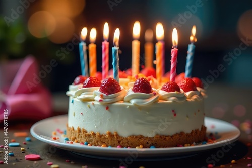 Delicious birthday cake with lit candles, ready to be celebrated , yummy, light, sugar photo