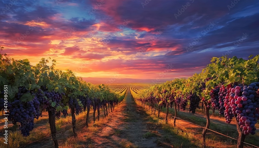 Naklejka premium Sunset vineyard with rows of grapevines and colorful sky.