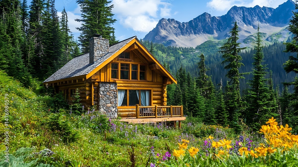 Fototapeta premium Secluded cabin nestled in wildflower meadow with mountains in the background