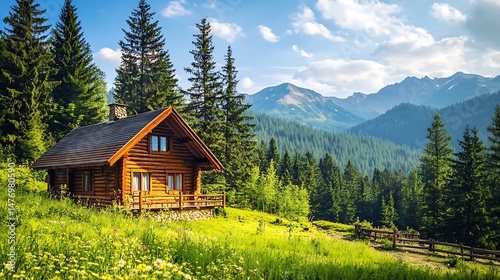 Scenic cabin nestled amongst trees with mountains in the background.