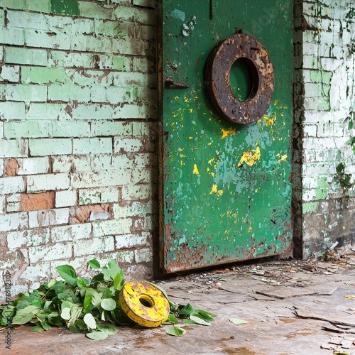 Overgrown Abandoned Industrial Building Exterior with Green Metal Door and Weathered Brick Wall