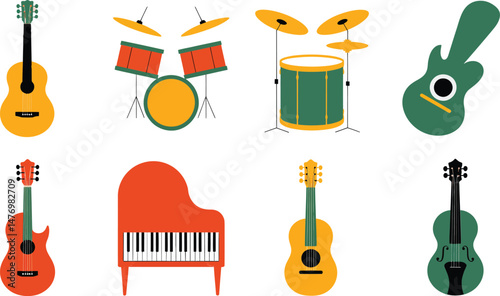 Collection of various colorful musical instruments isolated on a white background
