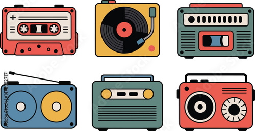 Collection of colorful retro cassette tapes, vinyl player, and radios illustrations in flat design