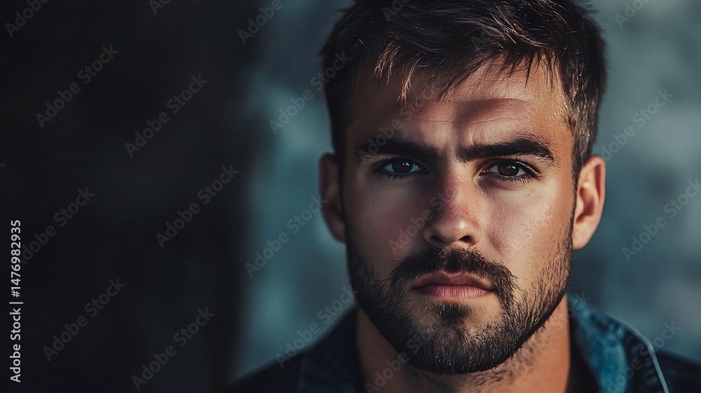 Obraz premium Portrait of a handsome man with a beard staring intently at the camera.