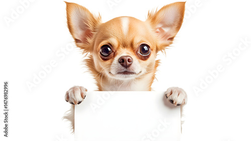 Adorable Chihuahua Puppy Holding Blank White Banner for Advertising