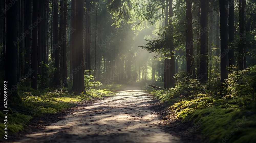 Fototapeta premium Sunlight filters through the trees, illuminating a path into the forest.