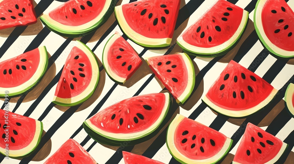 Fresh watermelon slices are displayed on a vibrant, striped background. The image showcases juicy watermelon segments against a patterned backdrop. Fresh watermelon slices are displayed on a vibrant, striped background. The image showcases juicy watermelon segments against a patterned backdrop.