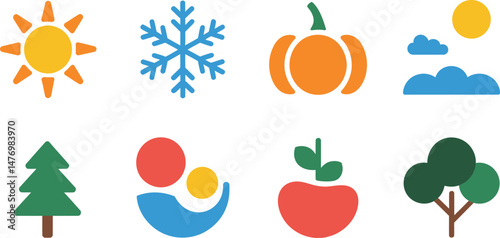 Colorful icons representing seasons and nature elements in a simple flat design