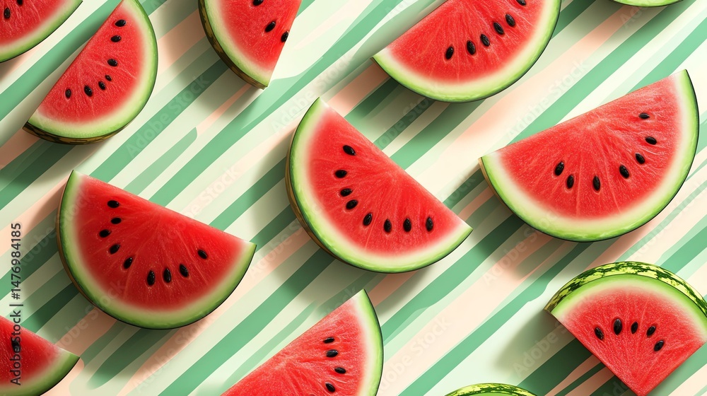 Fresh watermelon slices are displayed against a striped background. The image features vibrant red watermelon segments. Fresh watermelon slices are displayed against a striped background. The image features vibrant red watermelon segments.